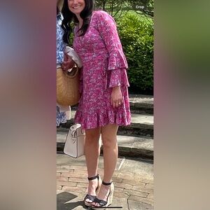 Floral Pink Wrap Dress with Ruffle Sleeves XS